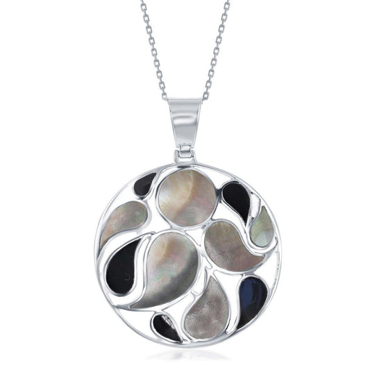 Sterling Silver Large Round Designed Abalone and Onyx Pendant