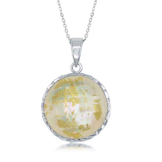 Sterling Silver Round White MOP with Gold Specs Doublet Pendant