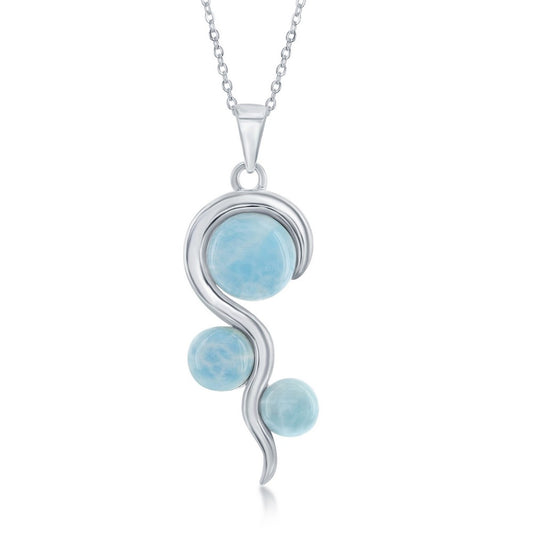 Sterling Silver Three Round Larimar in Swirl Design Pendant