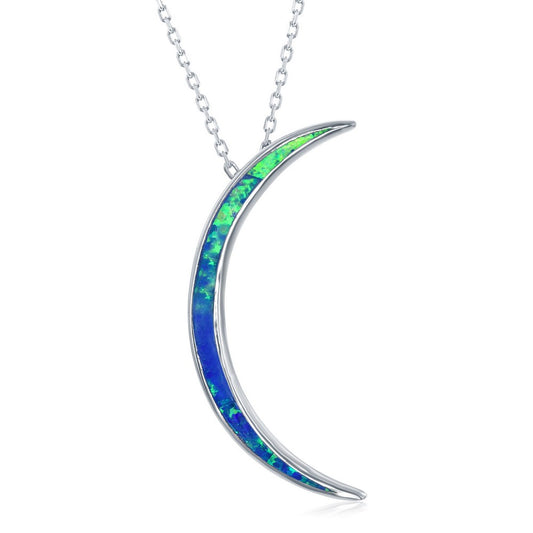 Sterling Silver Blue Inlay Opal Thin Crescent Moon Pendant