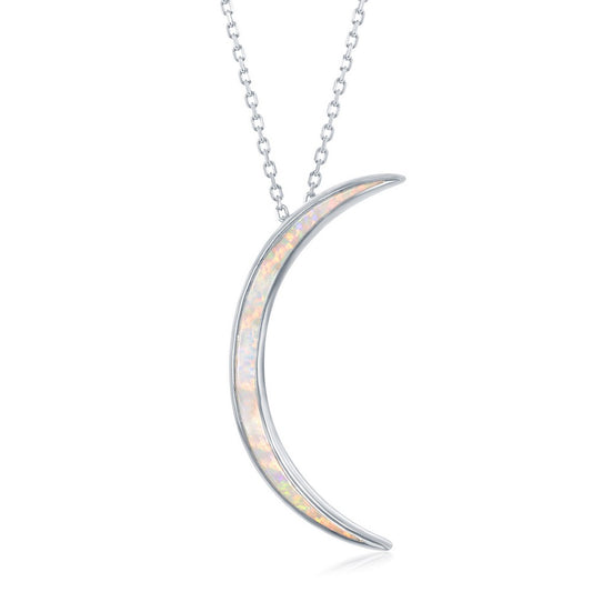 Sterling Silver White Inlay Opal Thin Crescent Moon Pendant