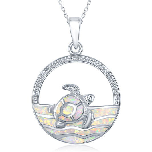 Sterling Silver Open Circle with White Inlay Opal Waves with Turtle Pendant