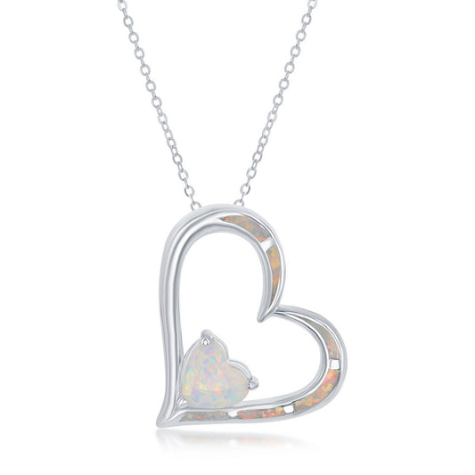 Sterling Silver White Inlay Opal Double Heart Pendant