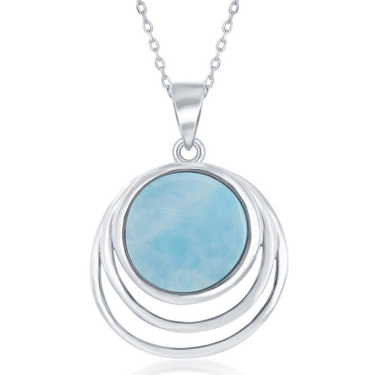 Sterling Silver Triple Wave Deisign Round Center Larimar Pendant