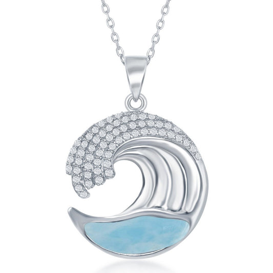 Sterling Silver Larimar Wave Design with CZ's Pendant