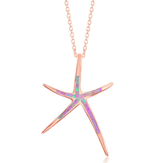 Sterling Silver Pink Inlay Opal Starfish Pendant - Rose Gold Plated