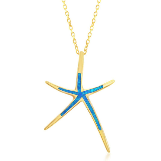 Sterling Silver, Blue Inlay Opal Starfish Pendant - Gold Plated