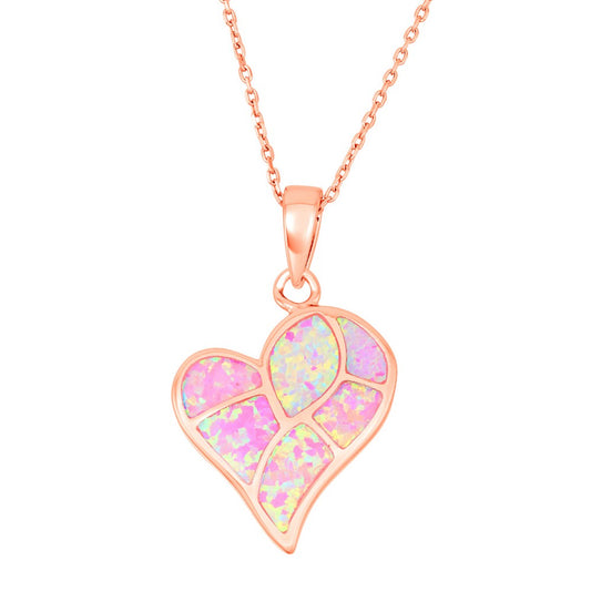 Sterling Silver Pink Inlay Opal Heart Mosaic Style Pendant - Rose Gold Plated