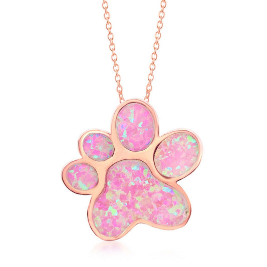 Sterling Silver Pink Inlay Opal Paw Print Pendant - Rose Gold Plated