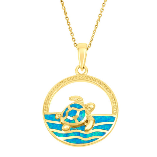 Sterling Silver Open Circle with Blue Inlay Opal Waves with Turtle - Gold Plated