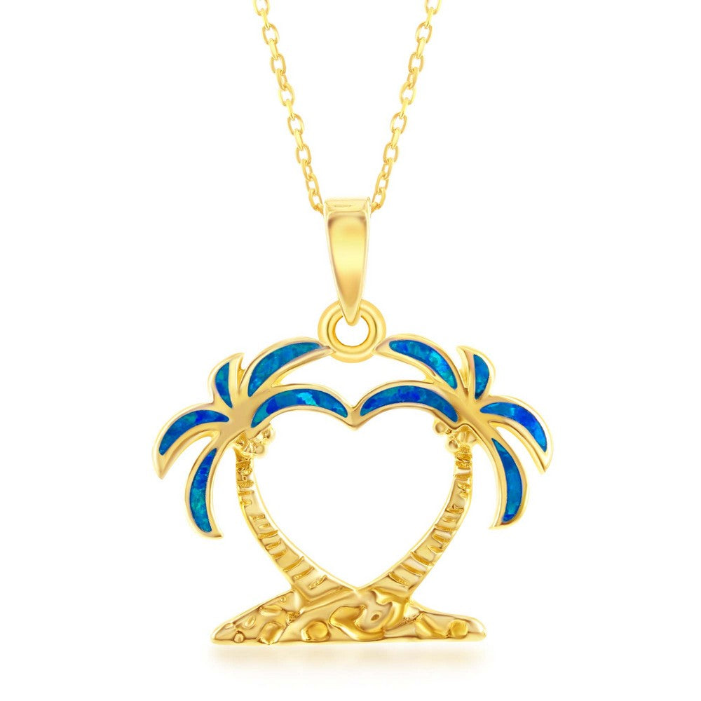 Sterling Silver Blue Inlay Opal Two Palm Trees Pendant - Gold Plated