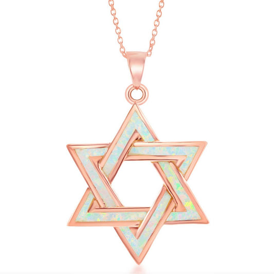 Sterling Silver Whtie Inlay Opal Star of David Pendant - Rose Gold Plated