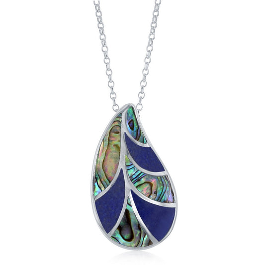 Sterling Silver Abalone and Lapis Large Leaf Pendant W/Chain