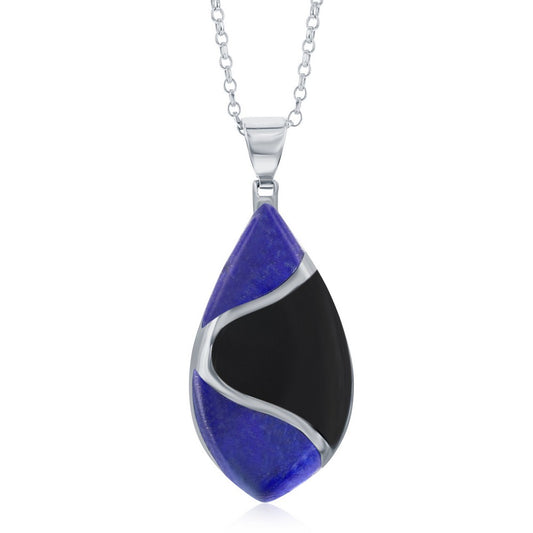 Sterling Silver Onyx and Lapis Designed Oval Pendant W/Chain