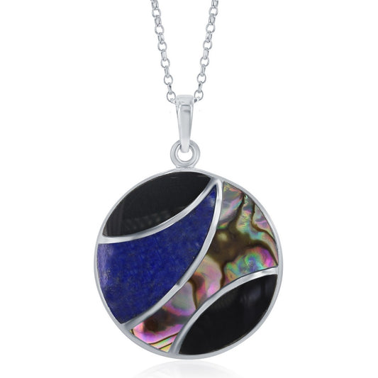 Sterling Silver Onyx, Abalone and Lapis Designed Round Pendant W/Chain