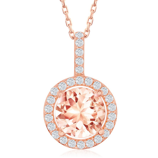 Sterling Silver Four-Prong Round Morganite CZ with White CZ Border Pendat - Rose Gold Plated