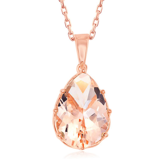 Sterling Silver Eight-Prong Pear-Shaped Morganite CZ Pendant - Rose Gold Plated