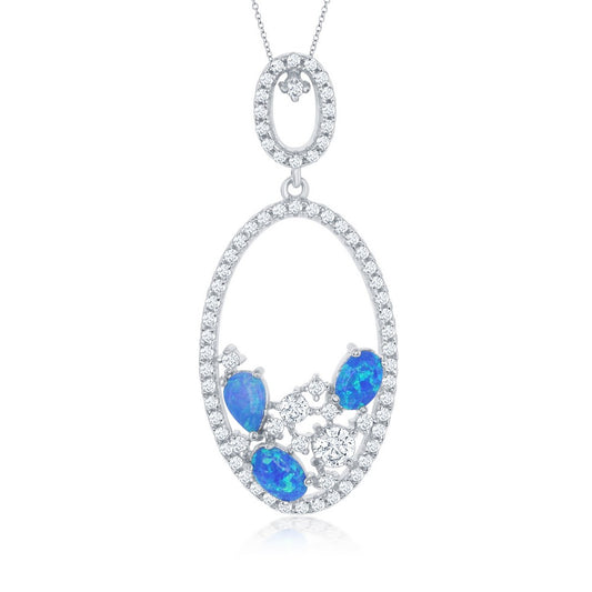 Sterling Silver Double Oval Blue Opal & CZ Pendant