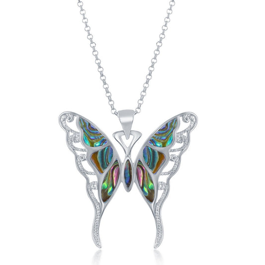 Sterling Silver, Large Abalone Butterfly Pendant w/Chain