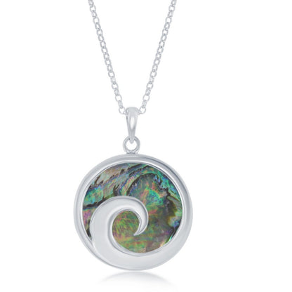 Sterling Silver Wave Design Round Abalone Pendant W/Chain