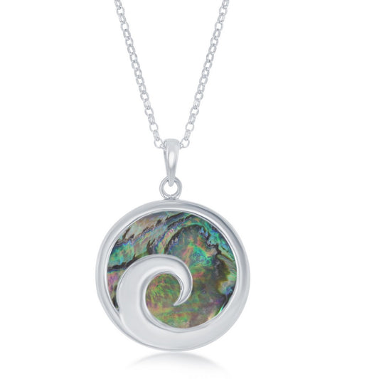 Sterling Silver Wave Design Round Abalone Pendant W/Chain