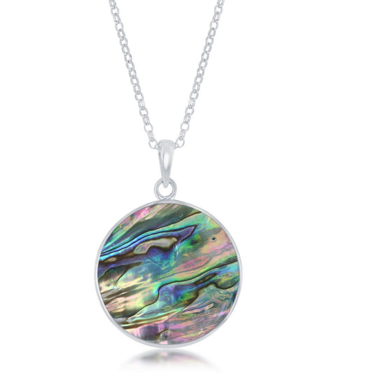 Sterling Silver Wave Design Round Abalone Pendant W/Chain