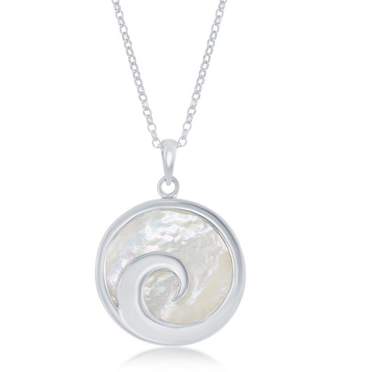Sterling Silver Wave Design Round Mother of Pearl Pendant W/Chain