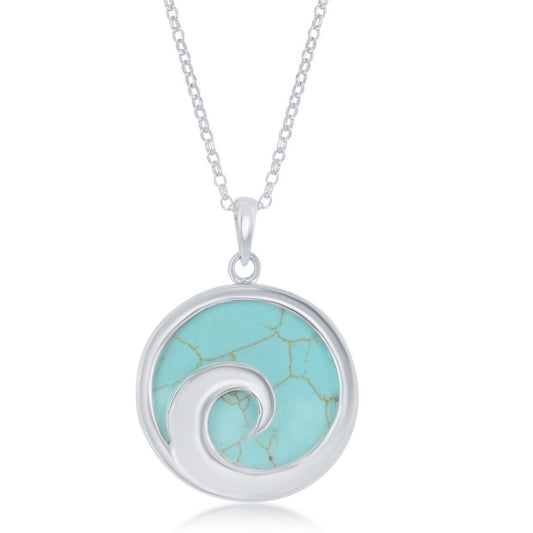 Sterling Silver Wave Design Round Turquoise Pendant W/Chain