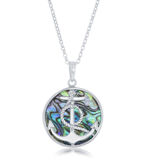 Sterling Silver Anchor with Twisted Rope Round Abalone Pendant W/Chain