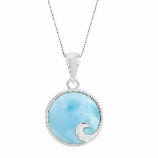 Sterling Silver Round Larimar Wave Design Pendant