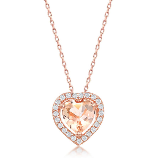 Sterling Silver Heart Morganite CZ with White CZ Border Pendant - Rose Gold Plated