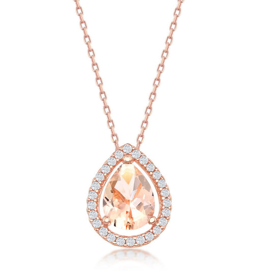 Sterling Silver Pear-Shaped Morganite CZ with White CZ Border Pendant - Rose Gold Plated