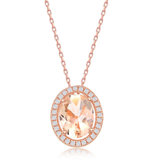 Sterling Silver Oval Morganite CZ with White CZ Border Pendant - Rose Gold Plated