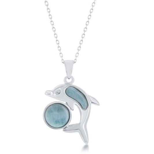 Sterling Silver Bezel-Set Round Larimar with Larimar Dolphin Pendant