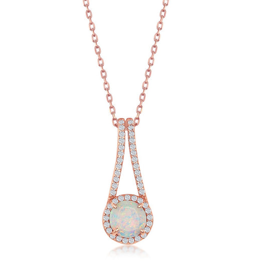 Sterling Silver Round White Opal with CZ Halo Long Pendant -  Rose Gold Plated