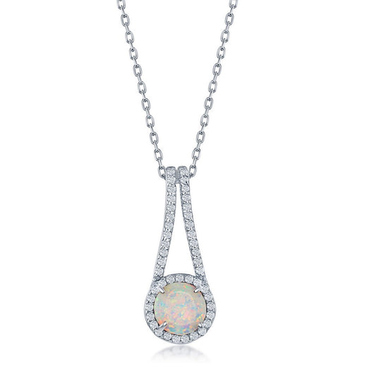 Sterling Silver Round White Opal with CZ Halo Long Pendant