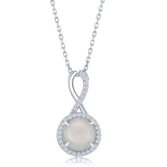 Sterling Silver Infinity Design Round White Opal with CZ Halo Pendant
