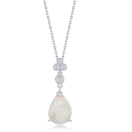 Sterling Silver Triple CZ Cluster Pear-Shaped White Inlay Opal Pendant