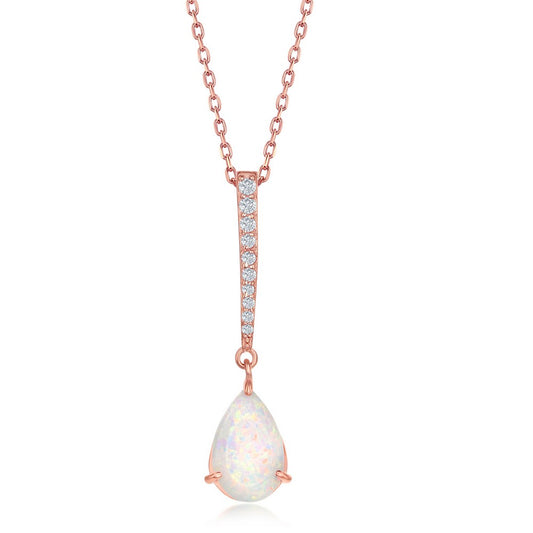 Sterling Silver CZ Bar with Pear-Shaped White Inlay Opal Pendant - Rose Gold Plated