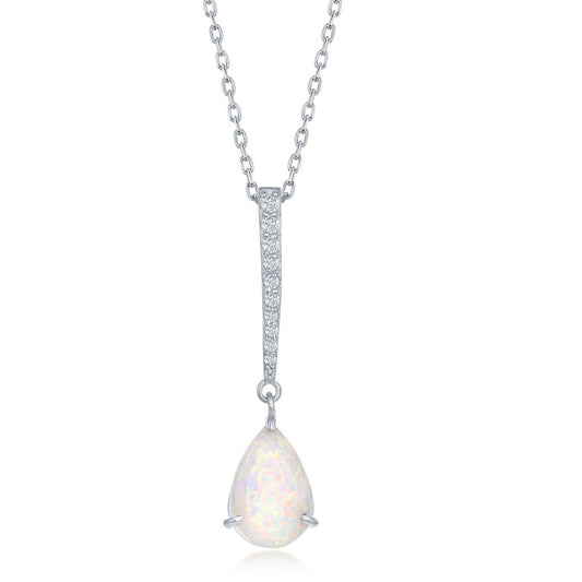 Sterling Silver CZ Bar with Pear-Shaped White Inlay Opal Pendant