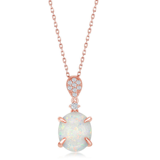 Sterling Silver Micro Pave Four-Prong White Inlay Opal Pendant - Rose Gold Plated