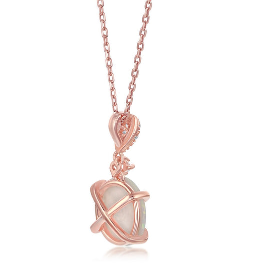 Sterling Silver Micro Pave Four-Prong White Inlay Opal Pendant - Rose Gold Plated