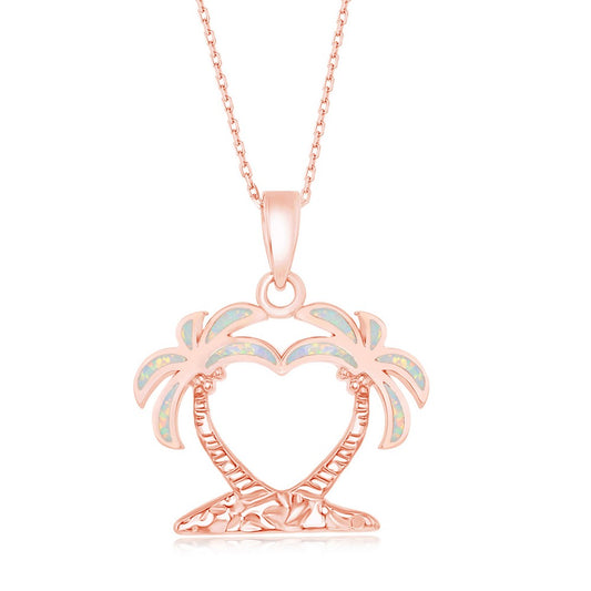 Sterling Silver White Inlay Opal Two Palm Trees Pendant - Rose Gold Plated