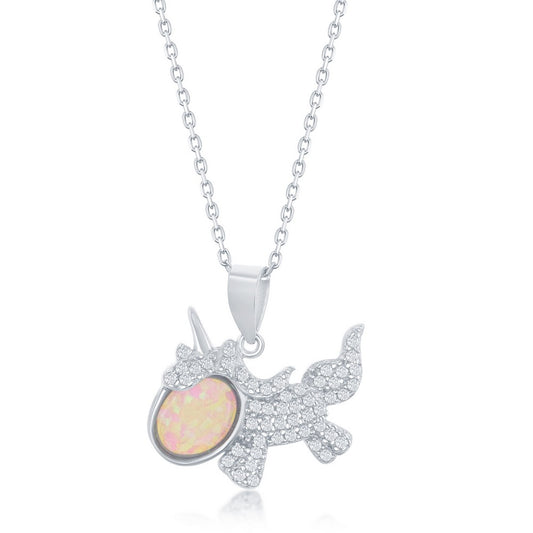 Sterling Silver Unicorn CZ with Oval White Opal Pendant