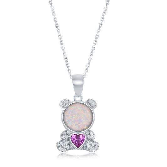 Sterling Silver CZ Bear with Pink CZ  Heart and Round White Opal Pendant