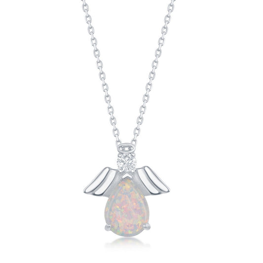 Sterling Silver Pear-Shaped White Opal with CZ Angel Pendant