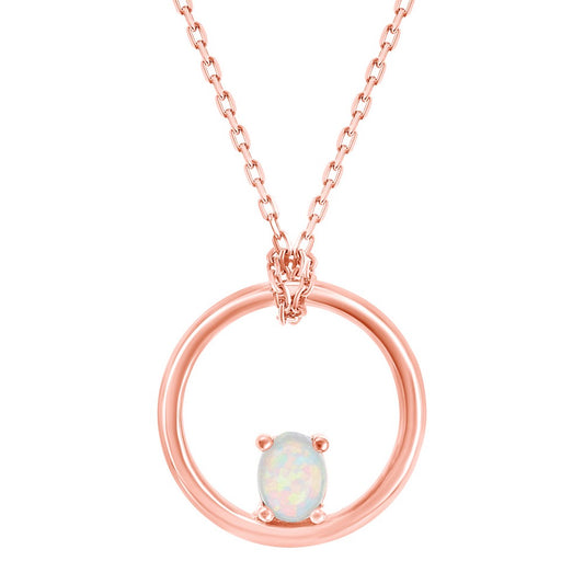 Sterling Silver Open Circle with Four-Prong White Opal Oval Pendant W/Chain - Rose Gold Plated