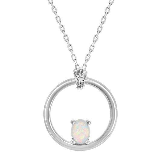 Sterling Silver, Open Circle with Four-Prong White Opal Oval Pendant w/Chain
