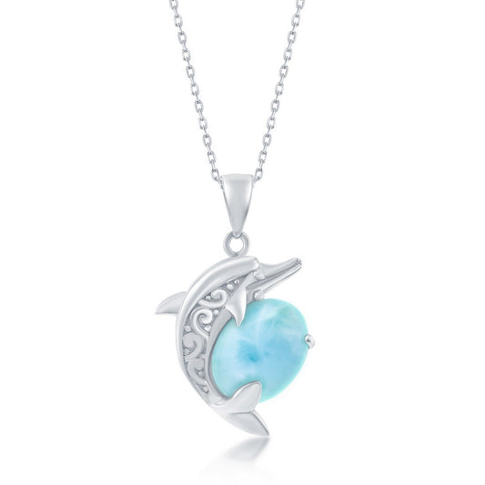 Sterling Silver Designed Dolphin Larimar Pendant