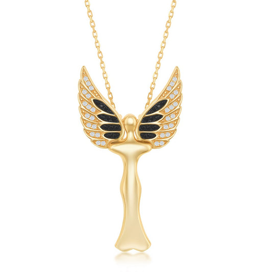 Sterling Silver CZ Angel Pendant W/Movable Wings - Gold Plated